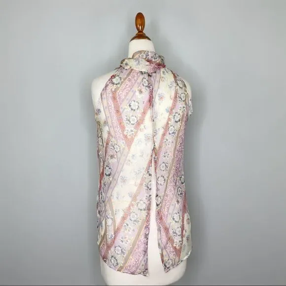 DREW Silk chiffon Multicolor Paisley Pussy Bow Tie Neck Snap Back Tank Size XS - Picture 5 of 10